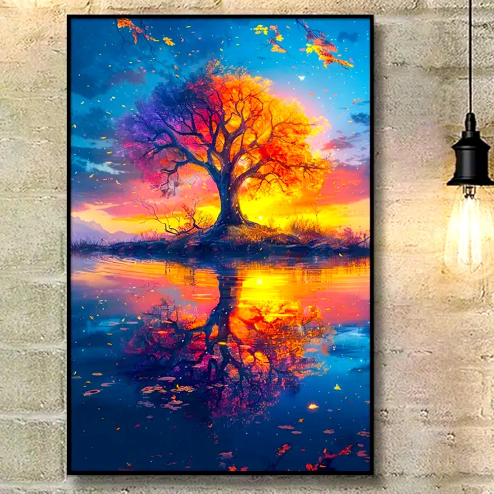 Enchanted Tree of Light Canvas Print - Dreamy Sunset Reflection Wall Art